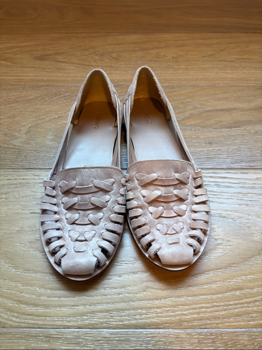 Nisolo Tan Cream Women’s 9.5 Leather Woven Slip-On Huarache Sandals Shoes